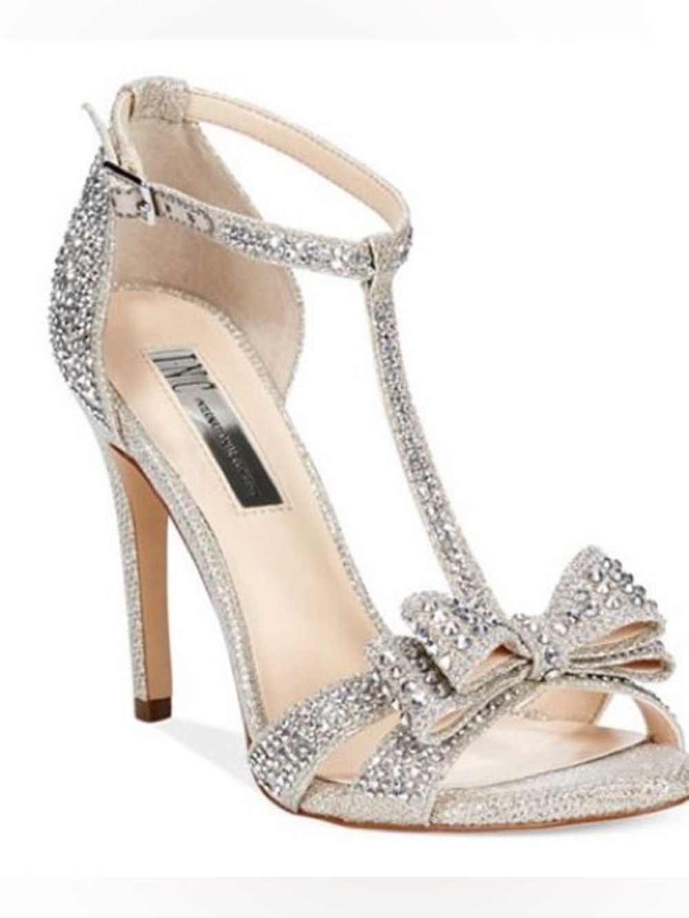 INC Women's Sparkle T-Strap Bow Heels in Silver